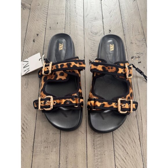 NWT ZARA ANIMAL LEOPARD PRINT LEATHER FLAT SANDALS Size 40 10 - Picture 2 of 7